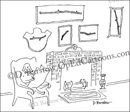 cartoon dog mounts stick trophies on wall