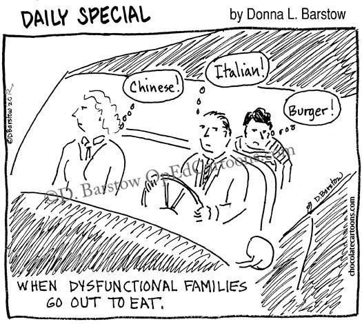 Donna Barstow Cartoons. each person in car wants different dinner. family d...