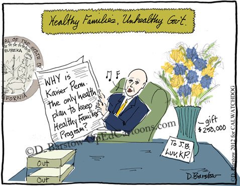 cartoon of Governor Jerry brown gives handouts to Kaiser