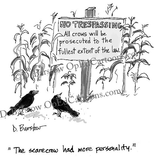 sign in cornfield to warn cartoon crows instead of scarecrow