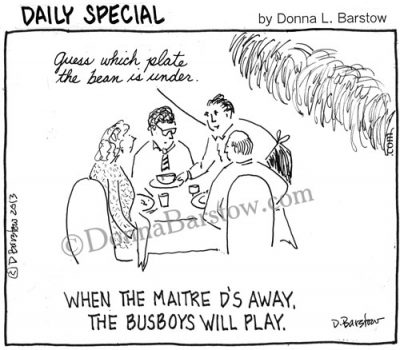 busboy in restaurant plays the shell game on the table